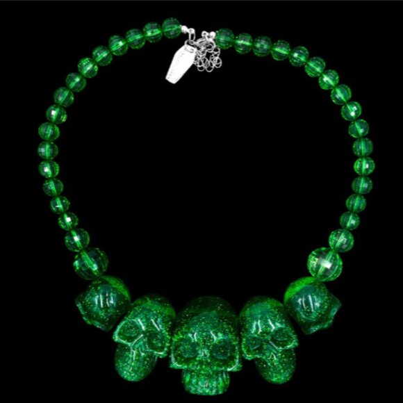 Chunky Skull Collection Punk Necklace in Green Glitter Resin NWT - Picture 3 of 4